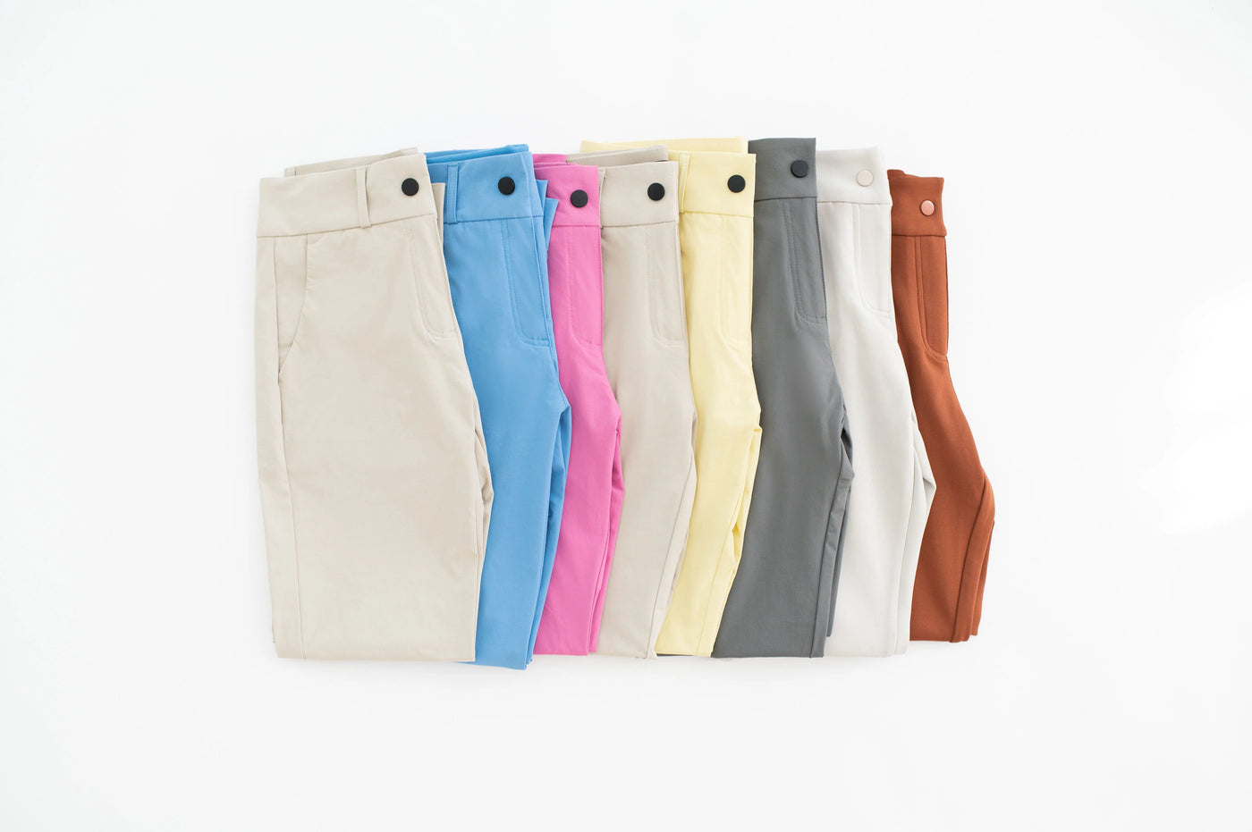 2023 Spring Collection: The Peggy Pant: True Khaki, Baltic Blue, Cherry Blossom; The Peggy Cropped: True Khaki, Buttercup, Storm Grey; The Ruth Cropped Trouser: True Khaki, Gingerbread